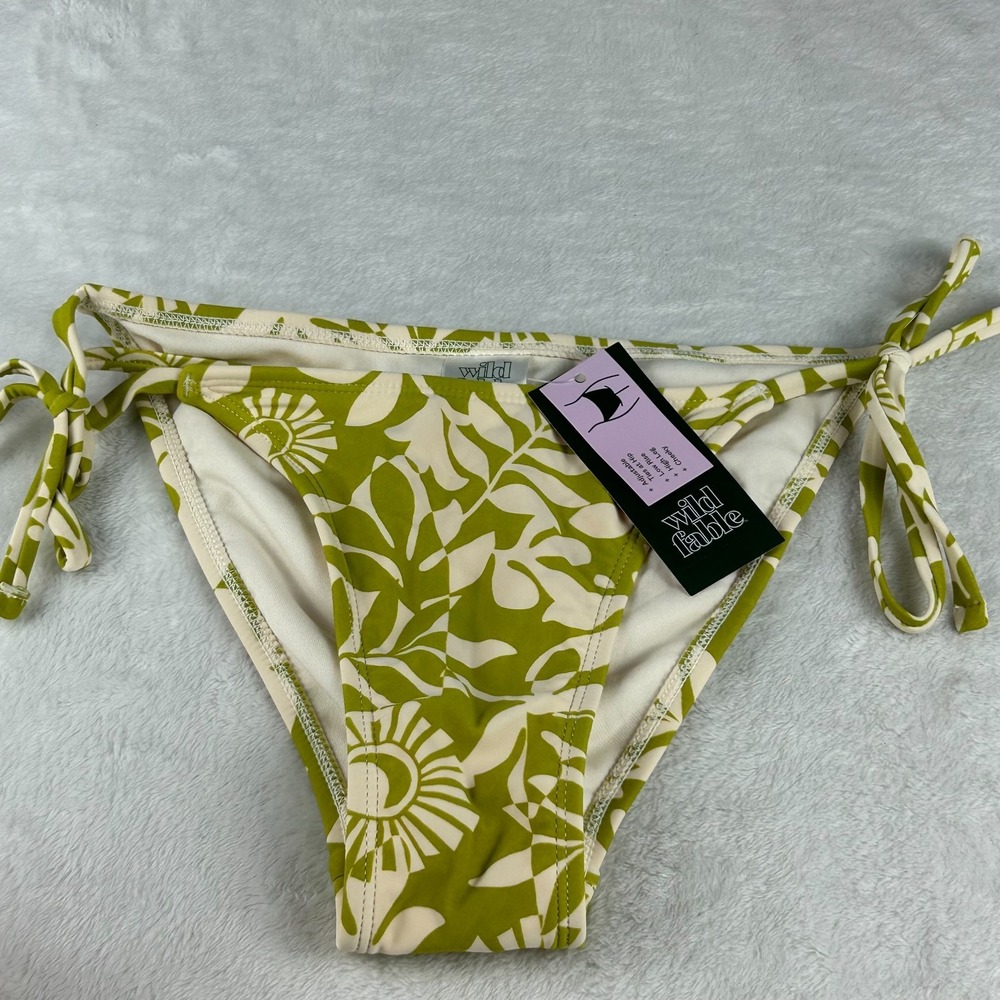 Wild Fable Bikini Bottom Womens XS(0-2) Green Floral Low Rise High Leg Side Tie